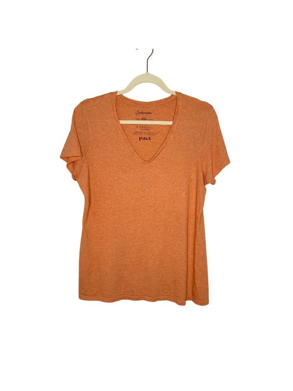 Pact Orange V-Neck Organic Cotton T-Shirt, L